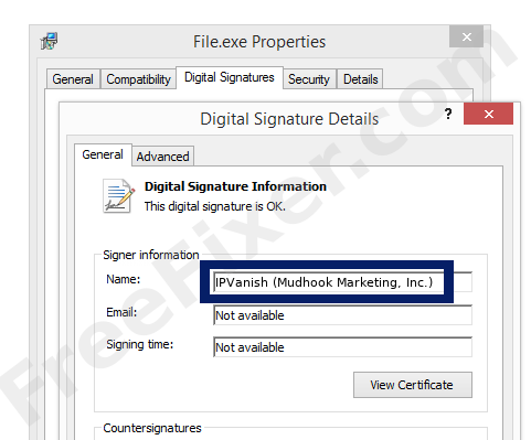 Screenshot of the IPVanish (Mudhook Marketing, Inc.) certificate